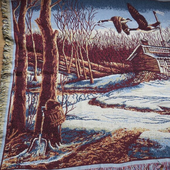 Terry Redlin Blanket Jacquard Tapestry Throw 47" X 68" Country Home Ducks Snow - Picture 4 of 11